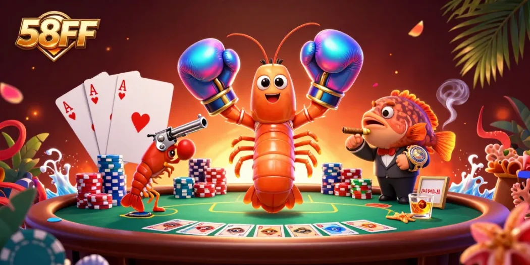 Compete and win at 58FF with exciting poker action from colorful mantis shrimp characters.