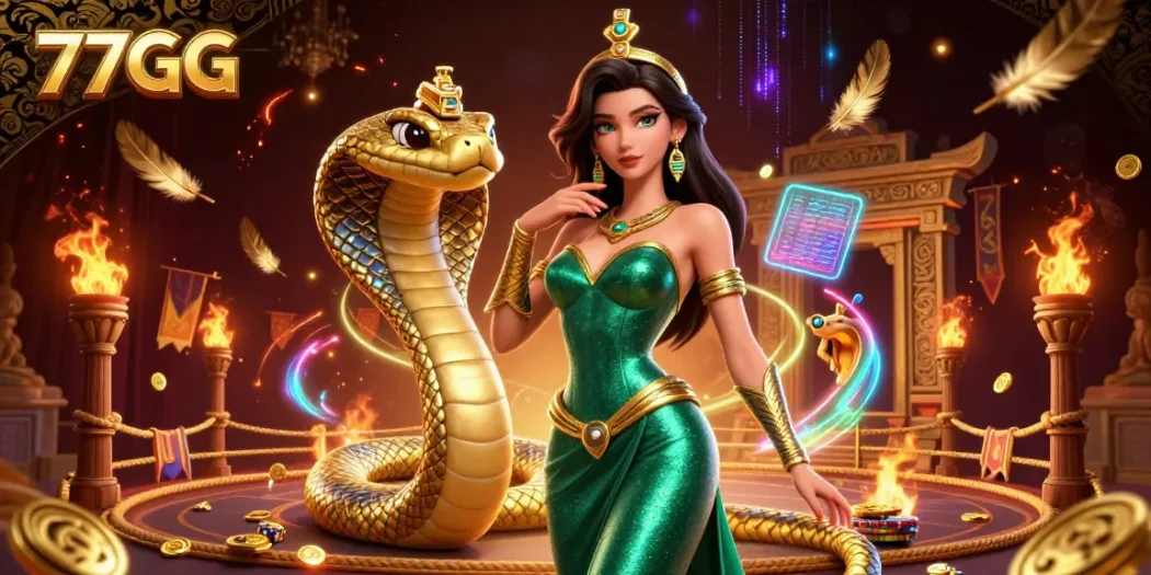 Engage in thrilling wagers at 77GG, featuring a stunning woman in a green gown and a captivating cobra amidst dynamic casino elements.