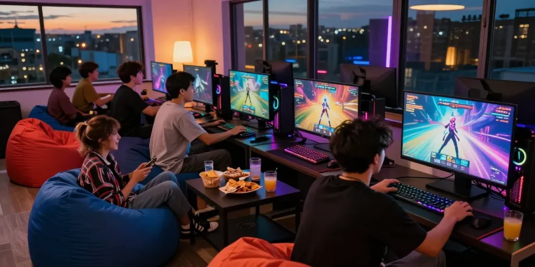 Sassy gamers enjoying sissy hentai games in a vibrant urban gaming lounge, with colorful screens and snacks.