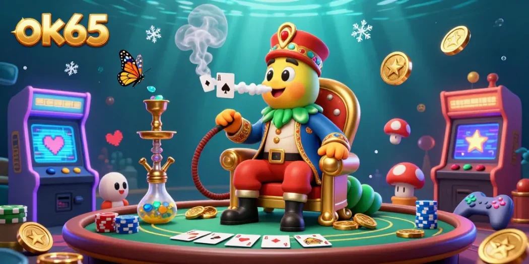 Engage in the exciting world of ok65 gaming with a vibrant 3D casino illustration featuring poker elements.