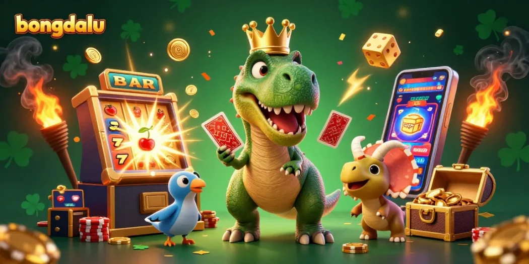 Experience the thrills of Bongdalu as a T-Rex shuffles cards amidst dazzling casino action.