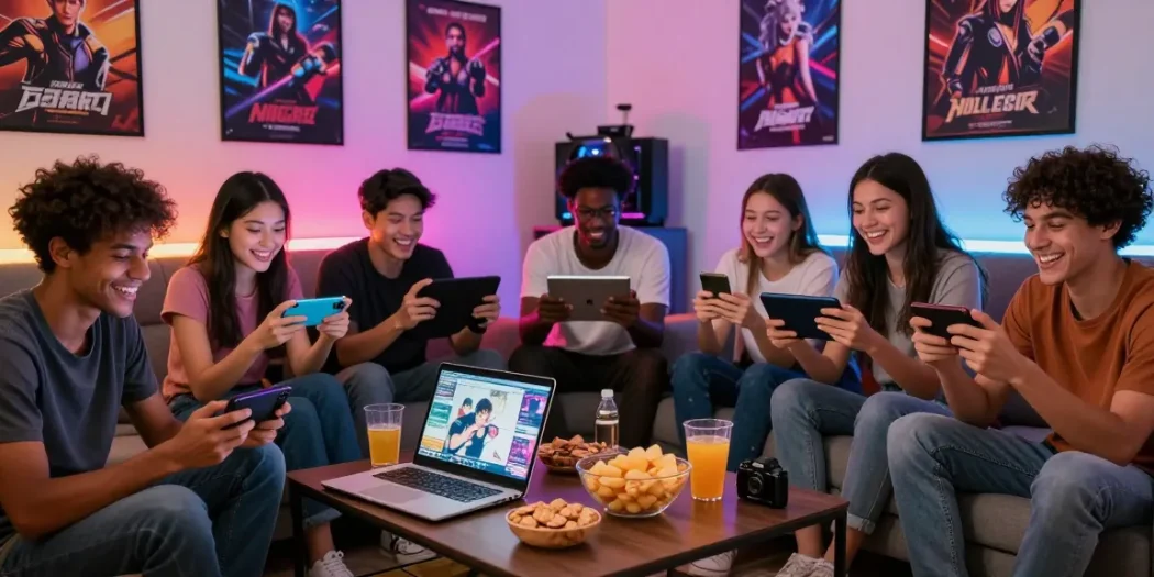 Friends enjoying a hentai game online in a cozy living room, showcasing diverse gaming devices and a vibrant atmosphere.