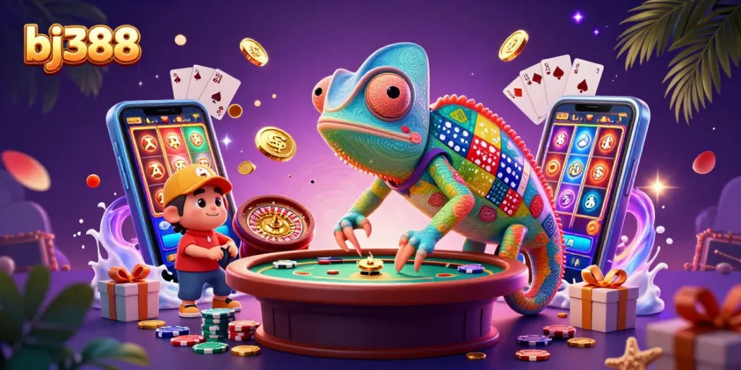 Join the fun at bj388 with a vibrant chameleon casino owner, spinning slot games, and gold coins!