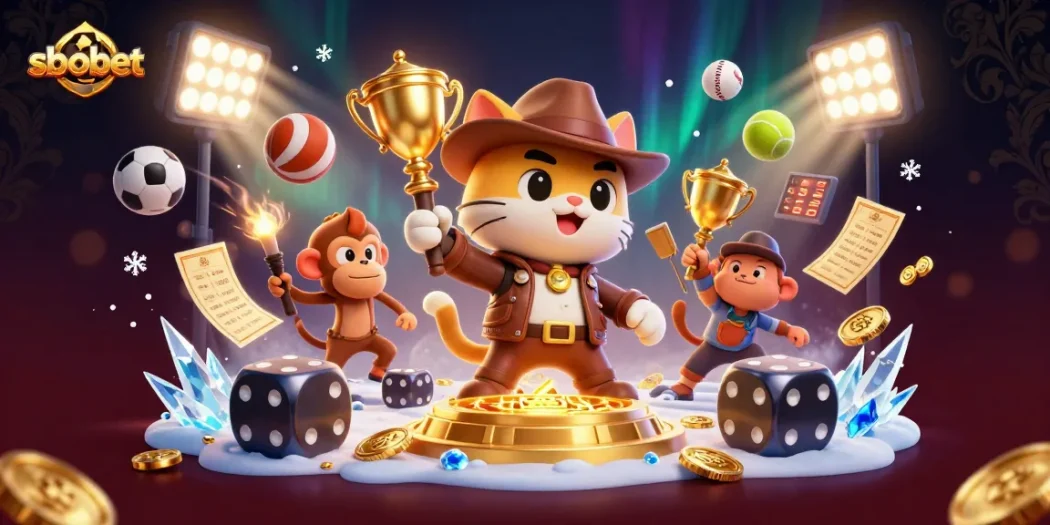 Experience sbobet sports betting with an adventurous cat archaeologist discovering golden artifacts.