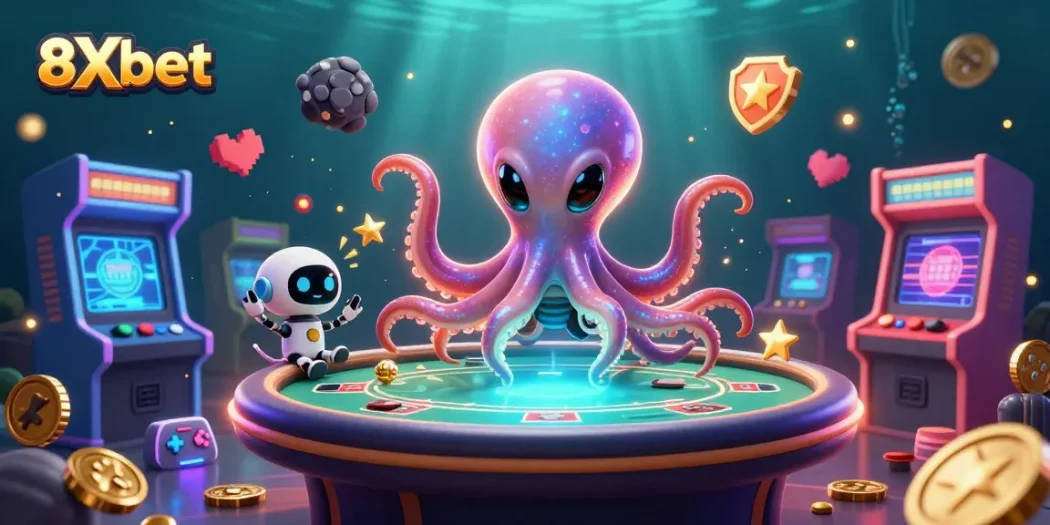 Experience thrilling games at 8Xbet with a vibrant scene of an alien octopus and dynamic casino elements.