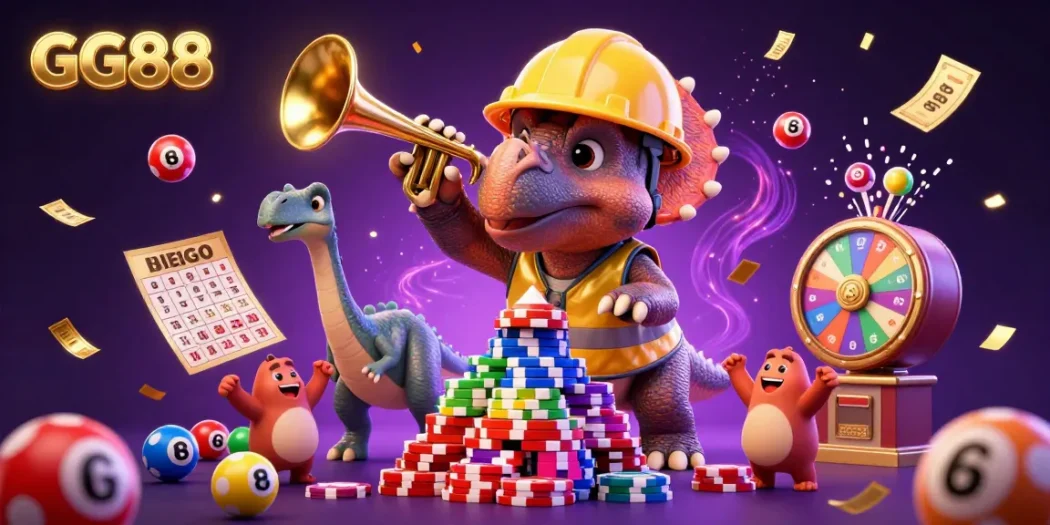 Experience the excitement of GG88 with a 3D cartoon triceratops stacking poker chips amid colorful gambling elements.
