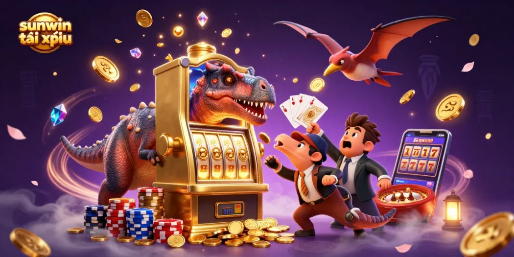 Engage in sunwin tài xỉu gameplay as dynamic elements create a stunning casino scene with slot machines and coins.