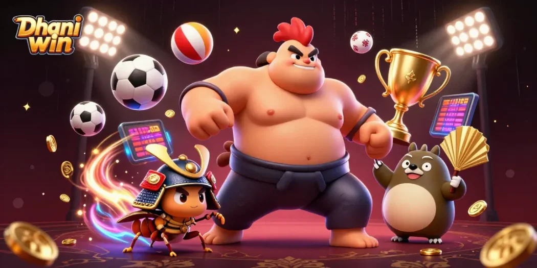 Dhani win offers thrilling betting experiences with sumo rooster, fighting cricket, and tanuki announcer in an electrifying animated scene.
