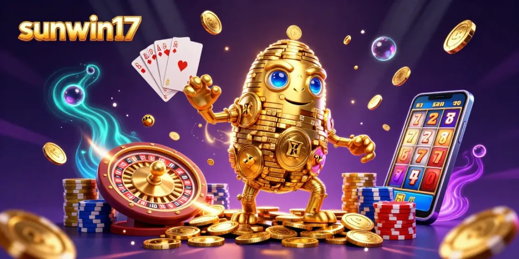 Experience the excitement of sunwin17 with this vibrant 3D casino scene featuring a golden golem, poker chips, and a spinning roulette wheel.