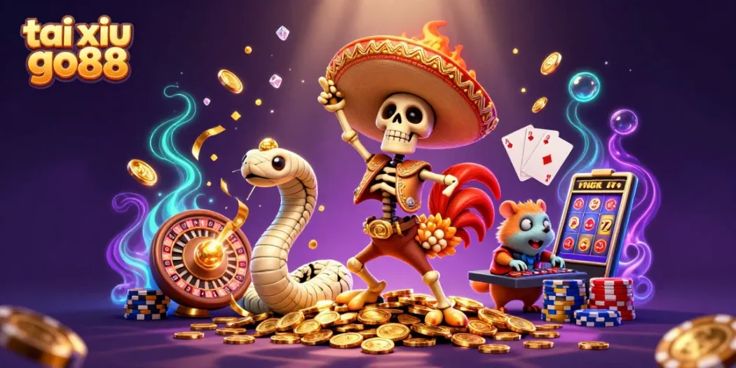 Tai xiu go88 celebrates with a dynamic scene featuring a mariachi rooster, mummy snake, and DJ hamster.