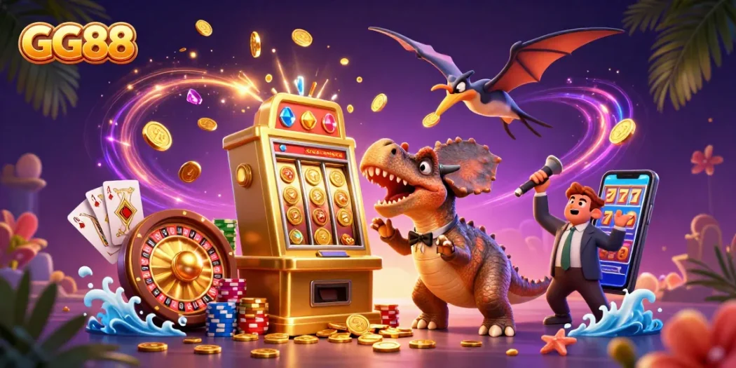 GG88 platform features a dynamic casino scene with cartoon dinosaurs interacting with slot machines and swirling coins.