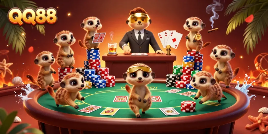 Experience the thrilling QQ88 casino with meerkats running an elaborate gaming operation.