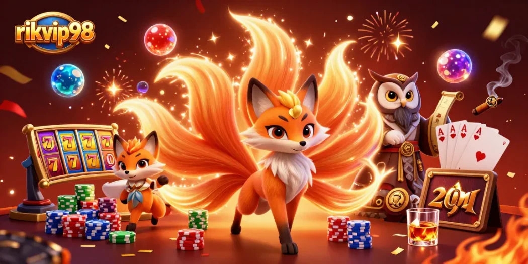 Experience vibrant gaming action at rikvip98 with colorful slot reels and animated characters.