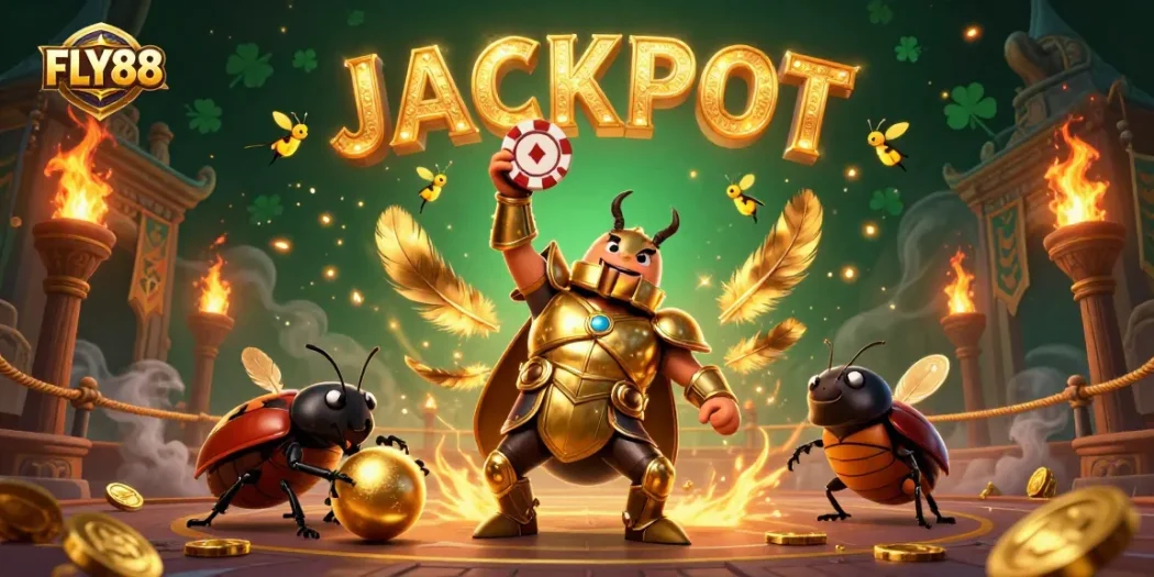 Experience the excitement at FLY88 with a thrilling jackpot scene featuring vibrant characters and dynamic casino elements.