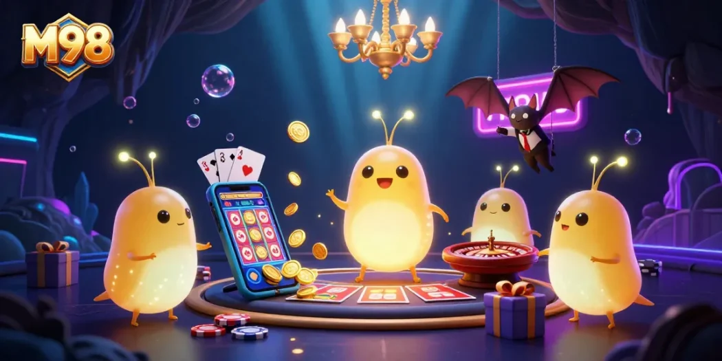 M98 showcases vibrant slots with glowworms illuminating a lively casino scene.