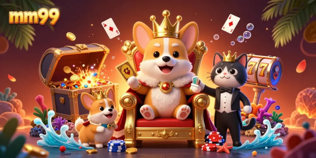 Experience winning with mm99 in a vibrant casino scene featuring a royal corgi and dynamic game elements.