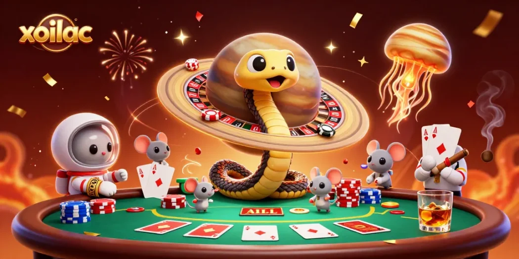 Xoilac showcases a vibrant casino scene with a Saturn ring snake, astronaut mice betting, and a golden jellyfish dealer.